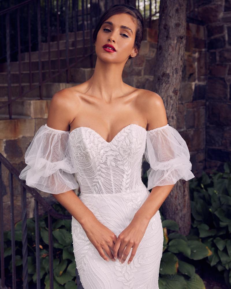 La22119 strapless or off the shoulder wedding dress with sheath silhouette3